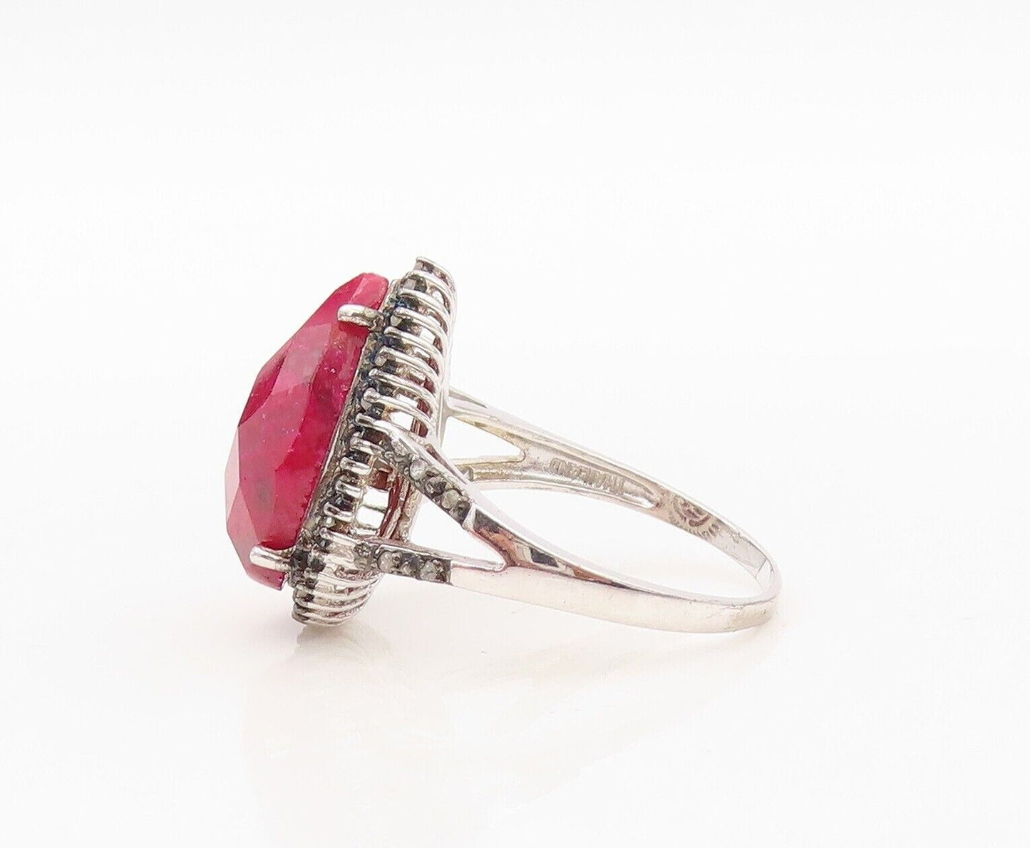 925 Sterling Silver Vintage Ring Diamonds & Round Pink Gemstone Sz 10.5 RG30324
