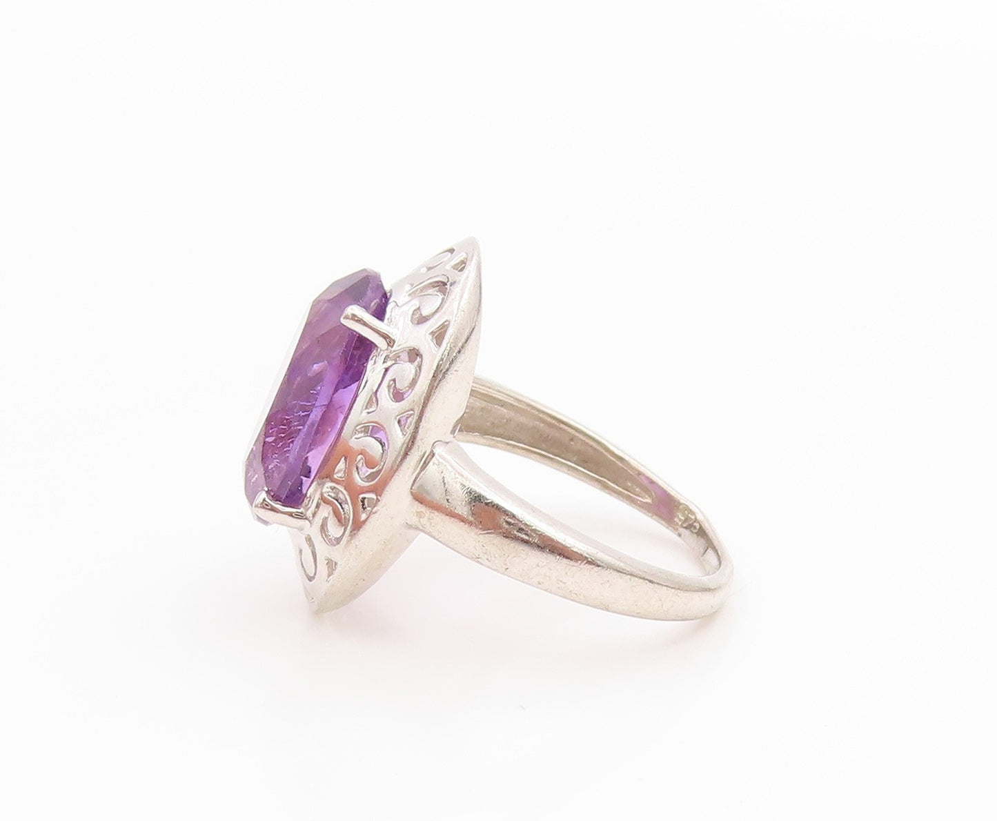 925 Sterling Silver Vintage Ring Amethyst Scroll Cutout Band  Sz 7  RG36137