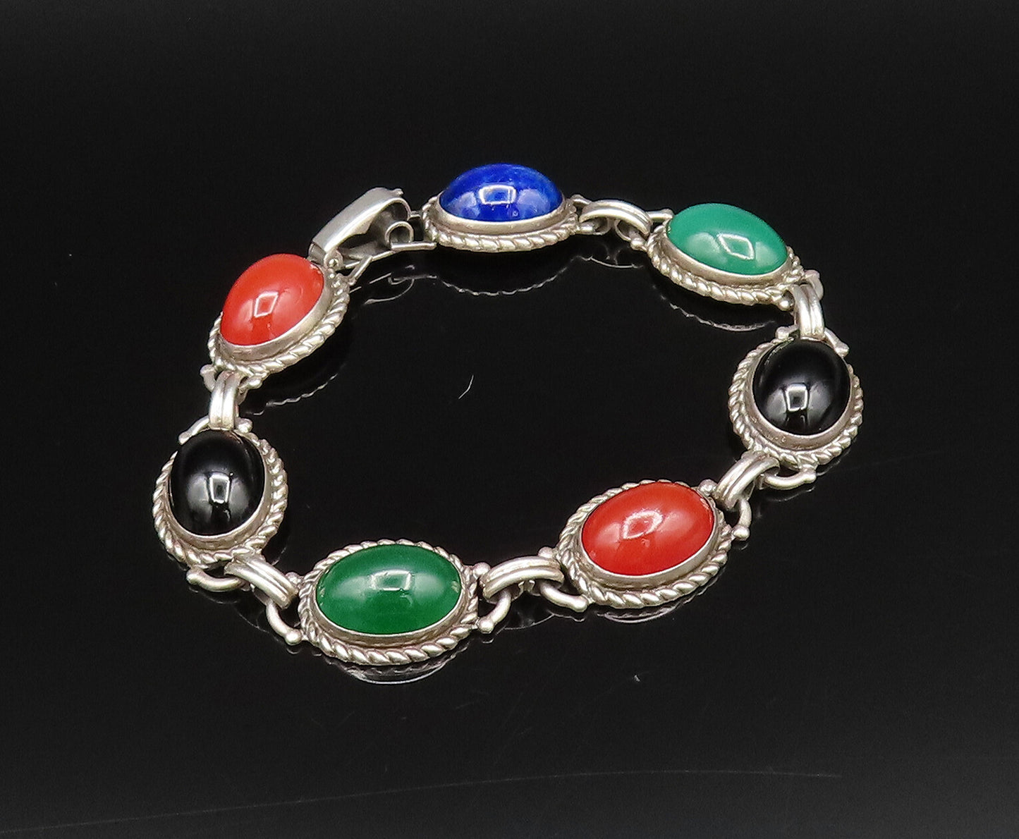 DANECRAFT 925 Silver  Vintage Onyx Lapis Lazuli & Carnelian Bracelet  BT9723