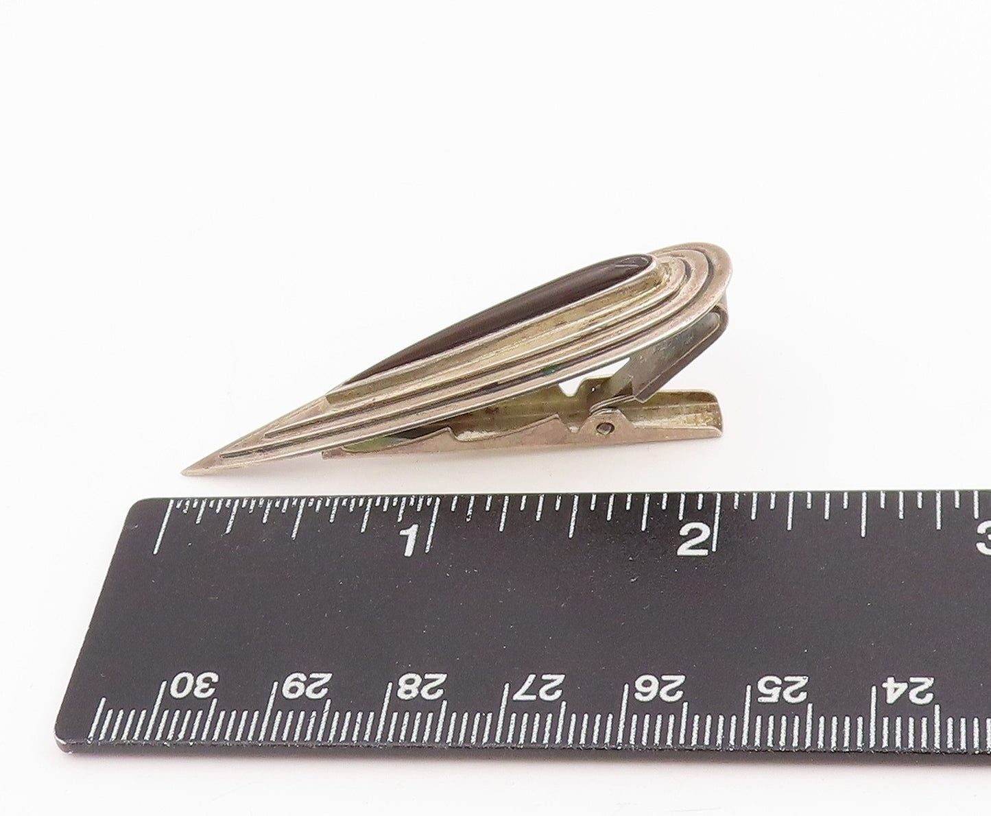 925 Sterling Silver Vintage Tie Clip Onyx Classic Grooved Pointed Design  TR4187