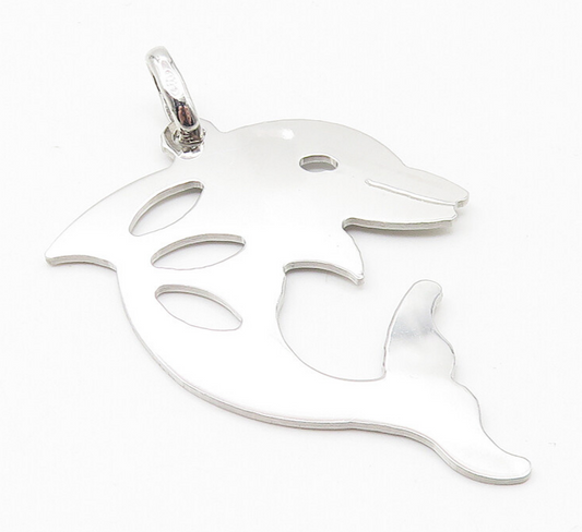 925 Sterling Silver  Shiny Smooth Cutout Leaping Dolphin Motif Pendant  PT8586