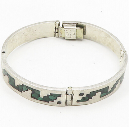 MEXICO 925 Sterling Silver  Vintage Malachite Mosaic Chain Bracelet  BT7283