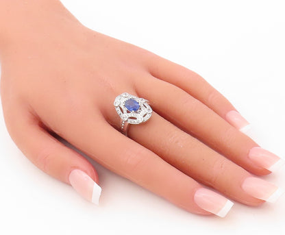 925 Sterling Silver Vintage Ring Spider Web Cutout CZ & Sapphire  Sz 7  RG30609