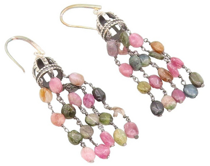 925 Sterling Silver Vintage Earrings Cutout Dome Dangling Gemstones  EG13159