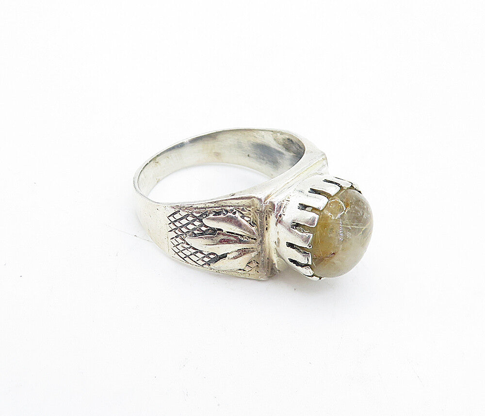 925 Sterling Silver  Vintage Rutilated Quartz Leaf Cocktail Ring Sz 9  RG4432