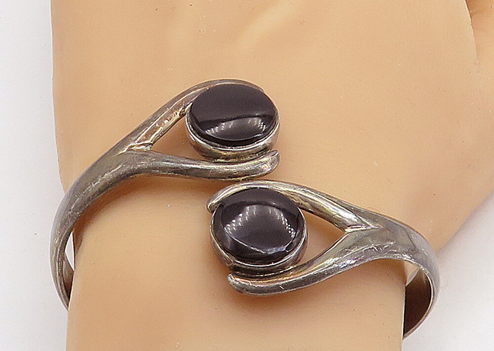 MEXICO 925 Sterling Silver  Vintage Black Onyx Bypass Bangle Bracelet  BT2822