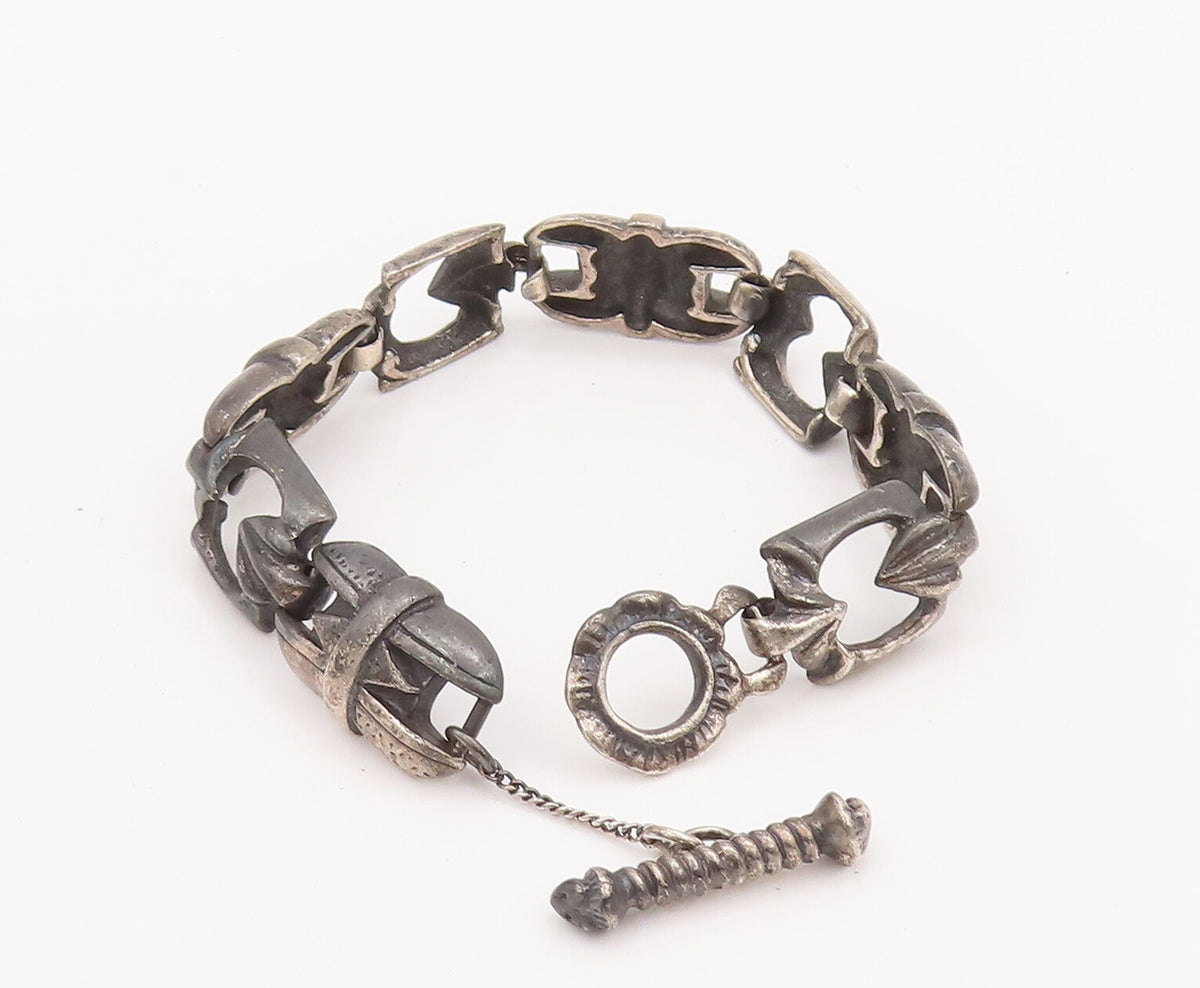 925 Sterling Silver Vintage Bracelet Solid Carved Flower Motif Link  BT10191