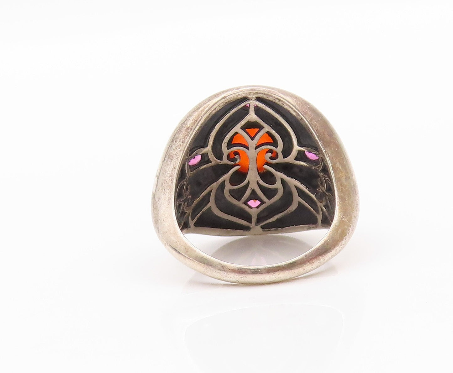 14k Gold 925 Sterling Silver Vintage Ring Gemstone Floral Carved SZ 7.5 RG32218