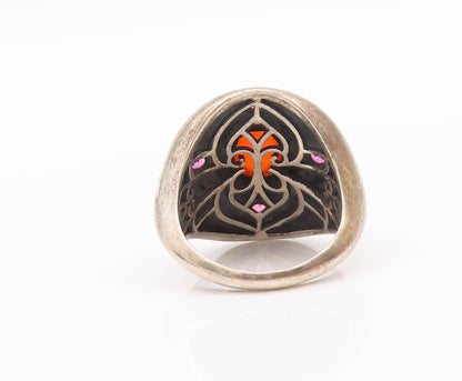 14k Gold 925 Sterling Silver Vintage Ring Gemstone Floral Carved SZ 7.5 RG32218