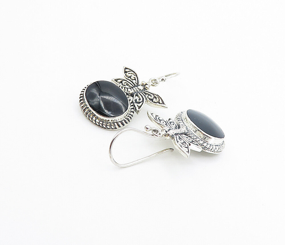 925 Sterling Silver Vintage Black Onyx Dragonfly Shiny Drop Earrings EG3573