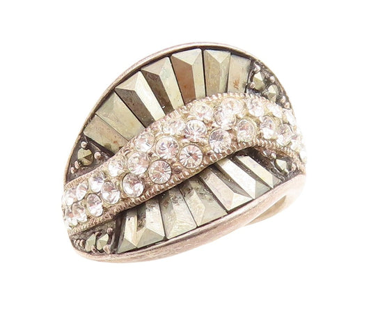925 Sterling Silver Vintage Ring Designer Topaz & Marcasite Inlay Sz 6  RG31474
