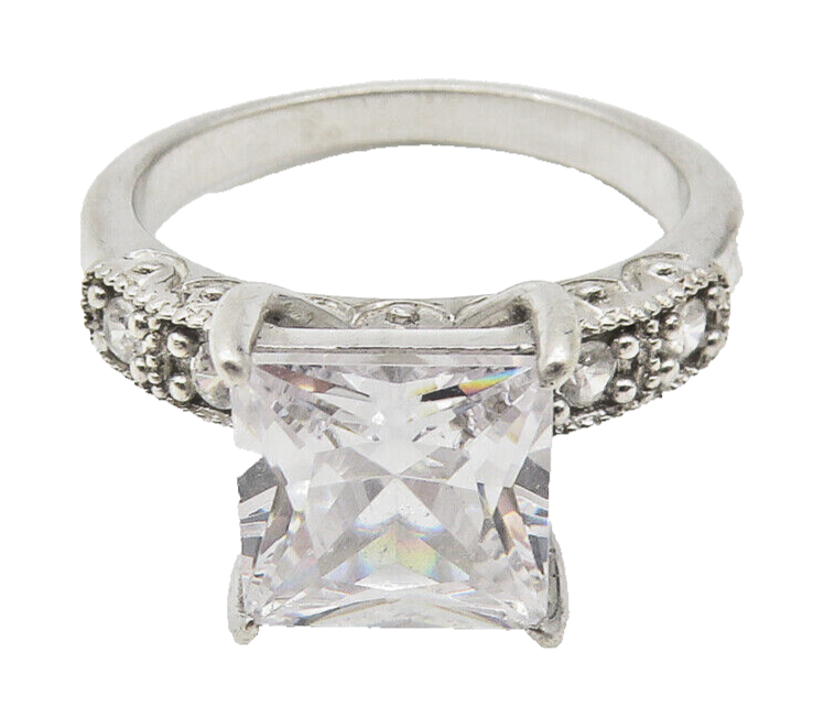 925 Sterling Silver  Cubic Zirconia Solitaire With Accents Ring Sz 7  RG11054