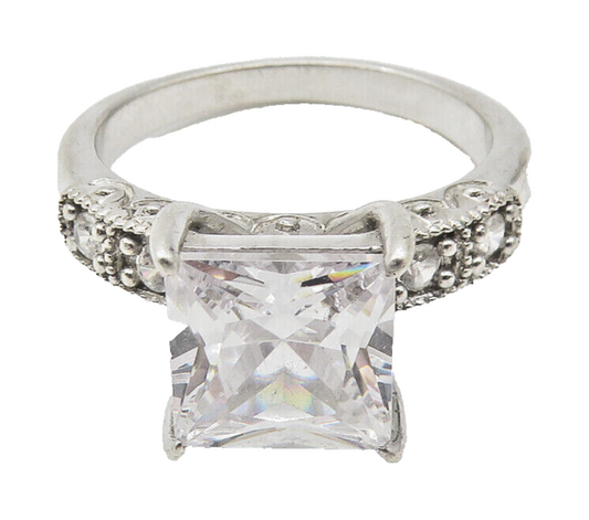 925 Sterling Silver  Cubic Zirconia Solitaire With Accents Ring Sz 7  RG11054