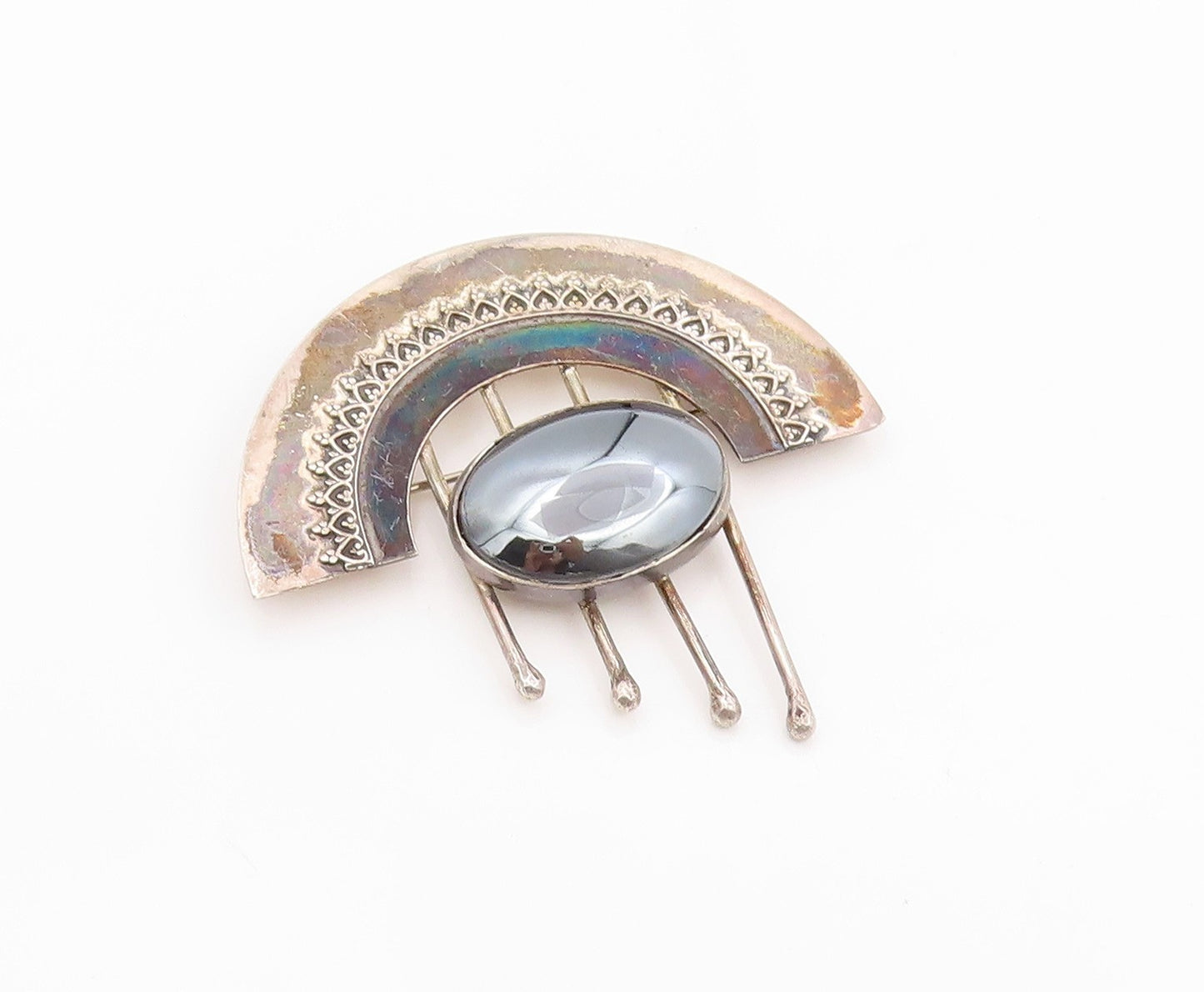 925 Sterling Silver Vintage Brooch Pin Oval Hematite Celestial Design  BP12531