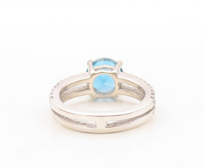 925 Sterling Silver Vintage Ring Round Blue Cutout White Topaz  Sz 7  RG30884