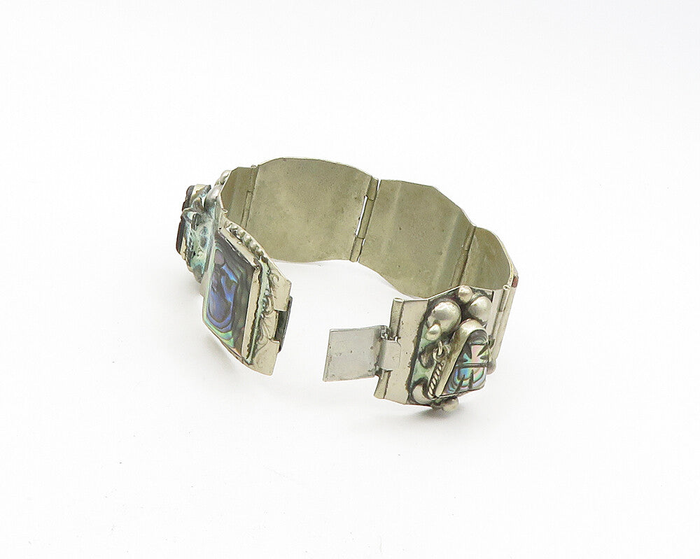 AB MEXICO 925 Silver  Vintage Face Carved Abalone Shell Chain Bracelet  BT7531