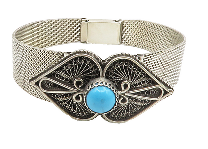 MIDDLE EAST 925 Silver  Vintage Cabochon Cut Turquoise Chain Bracelet  BT5876