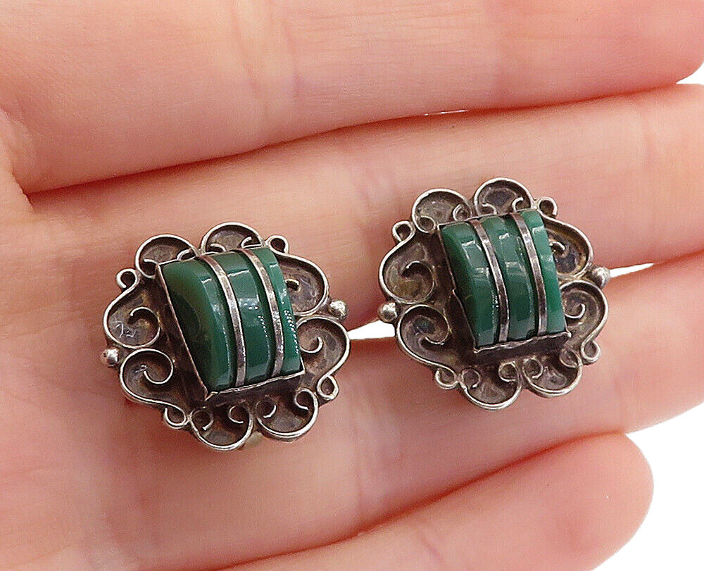 925 Sterling Silver  Vintage Green Onyx Oxidized Non Pierce Earrings  EG2858