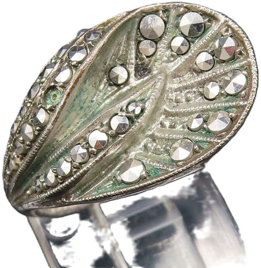 925 Silver  Vintage Victorian Marcasite Swirl Leaf Motif Ring Sz 6.25  RG26088