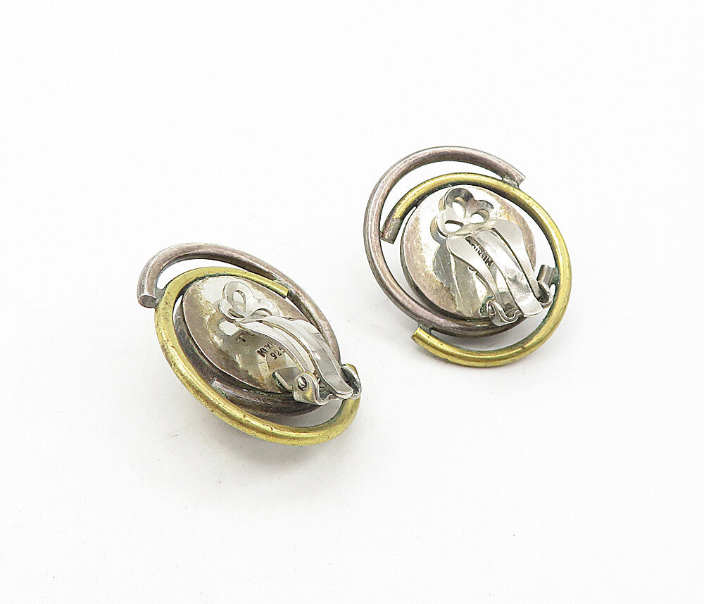 MEXICO 925 Sterling Silver  Vintage Two Tone Dome Non Pierce Earrings  EG3838