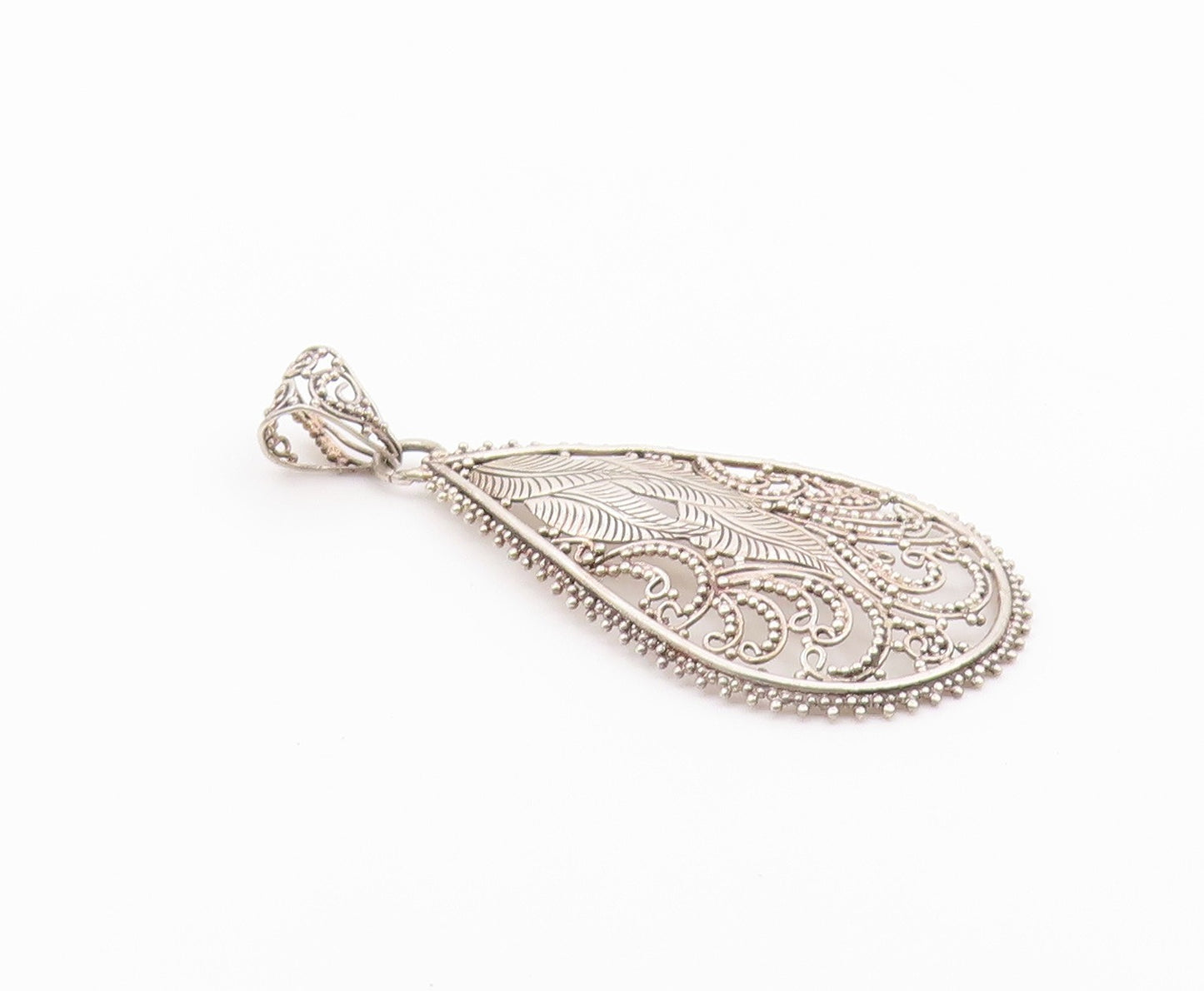 925 Silver  Vintage Beaded Leaf Vine Swirl Pear Shape Dome Pendant  PT20481