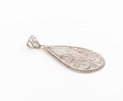 925 Silver  Vintage Beaded Leaf Vine Swirl Pear Shape Dome Pendant  PT20481