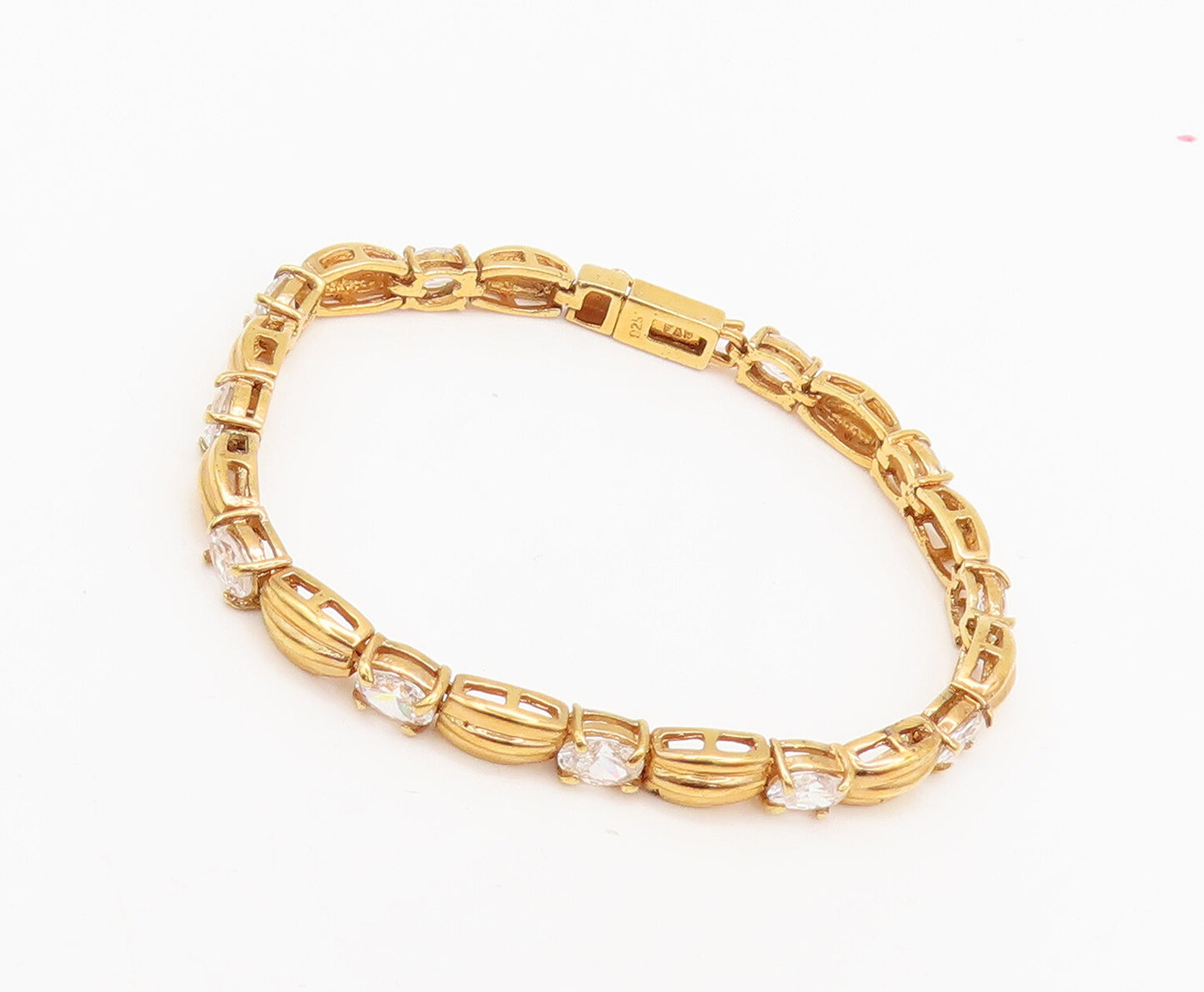 925 Sterling Silver  Vintage Gold Plated Carved CZ Tennis Bracelet  BT10123