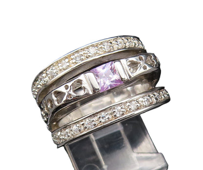 925 Silver  Vintage Purple & White Cubic Zirconia Open Band Ring Sz 7  RG25995