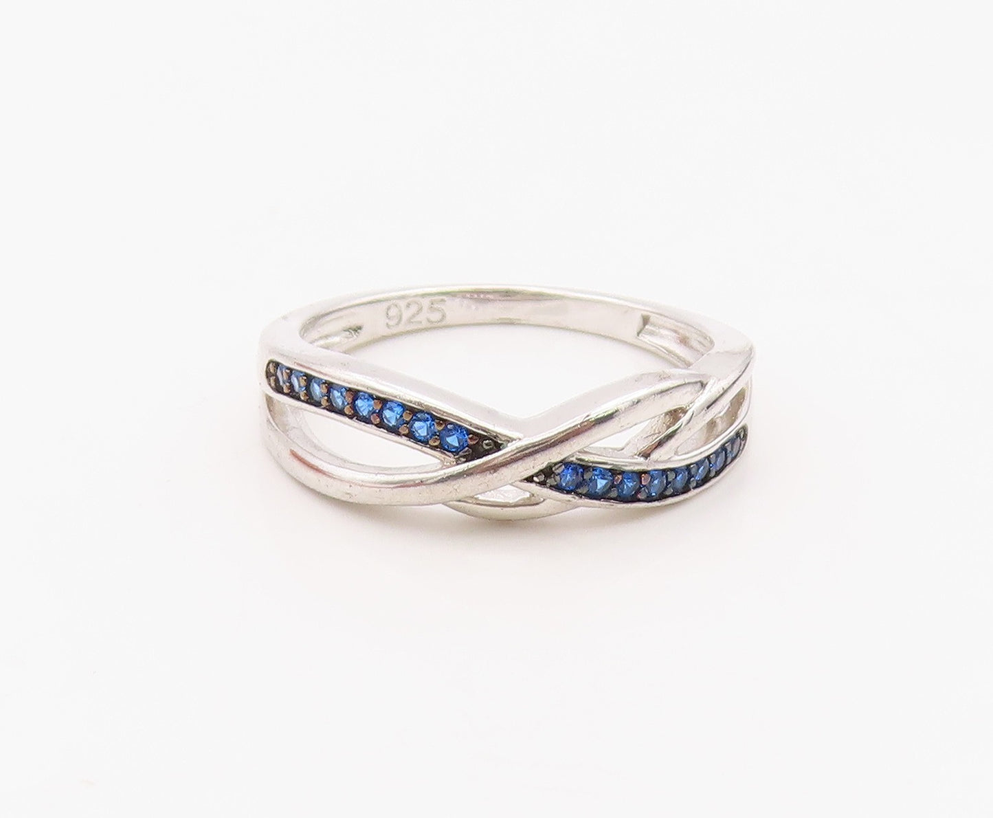 925 Sterling Silver Vintage Ring Elegant Blue CZ Crossover Band  Sz 6  RG36338