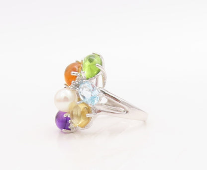 925 Sterling Silver Vintage Ring Brutalist Multi Gemstone Cluster  Sz 5  RG30710