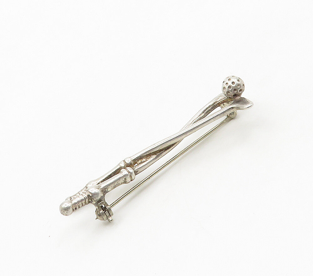 MEXICO 925 Sterling Silver  Vintage Shiny Golf Clubs & Ball Brooch Pin  BP6184