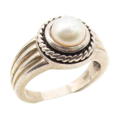 925 Sterling Silver Vintage Ring Pearl Ribbed Twisted Rope Band  Sz 8  RG35146
