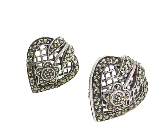 925 Sterling Silver Vintage Marcasite Floral Love Heart Drop Earrings EG4141