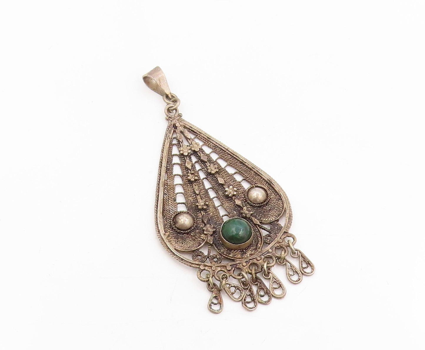 925 Sterling Silver Vintage Pendant Round Malachite Intricate Chandelier PT25449