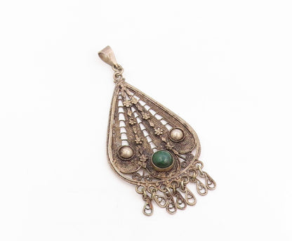 925 Sterling Silver Vintage Pendant Round Malachite Intricate Chandelier PT25449