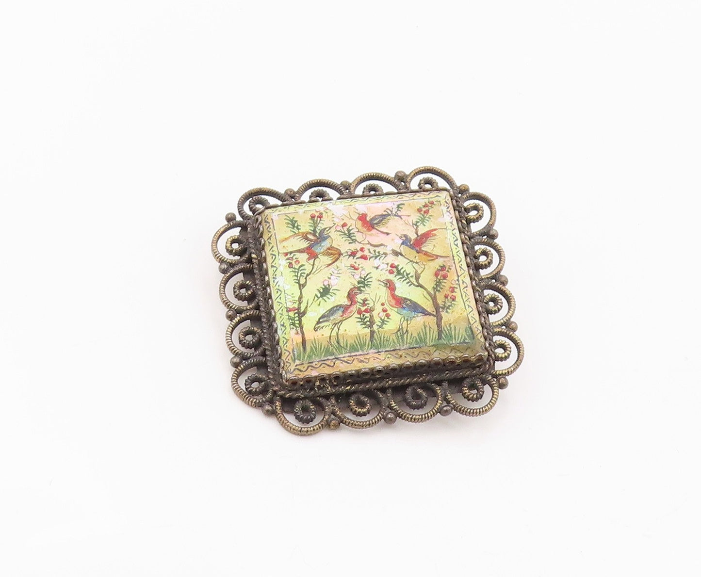 925 Sterling Silver Vintage Brooch Pin ISRAEL Antique Bird Painting  BP12541
