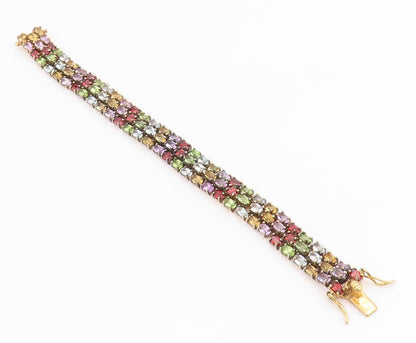 925 Sterling Silver Vintage Bracelet Gold Plated Multi Gemstone Link  BT11833