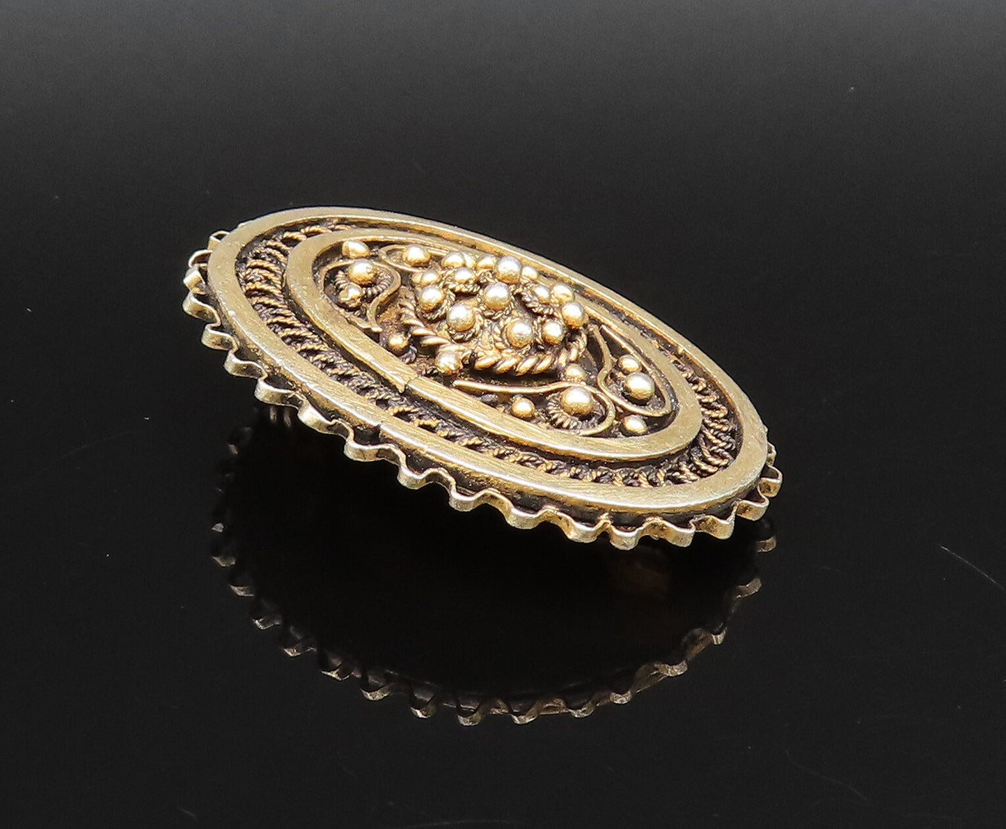 925 Silver  Vintage Antique Beaded & Rope Twist Gold Plated Brooch Pin  BP9949