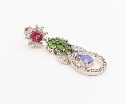 925 Sterling Silver Vintage Earrings Multi Gemstone Floral Leaf Dangle  EG13835