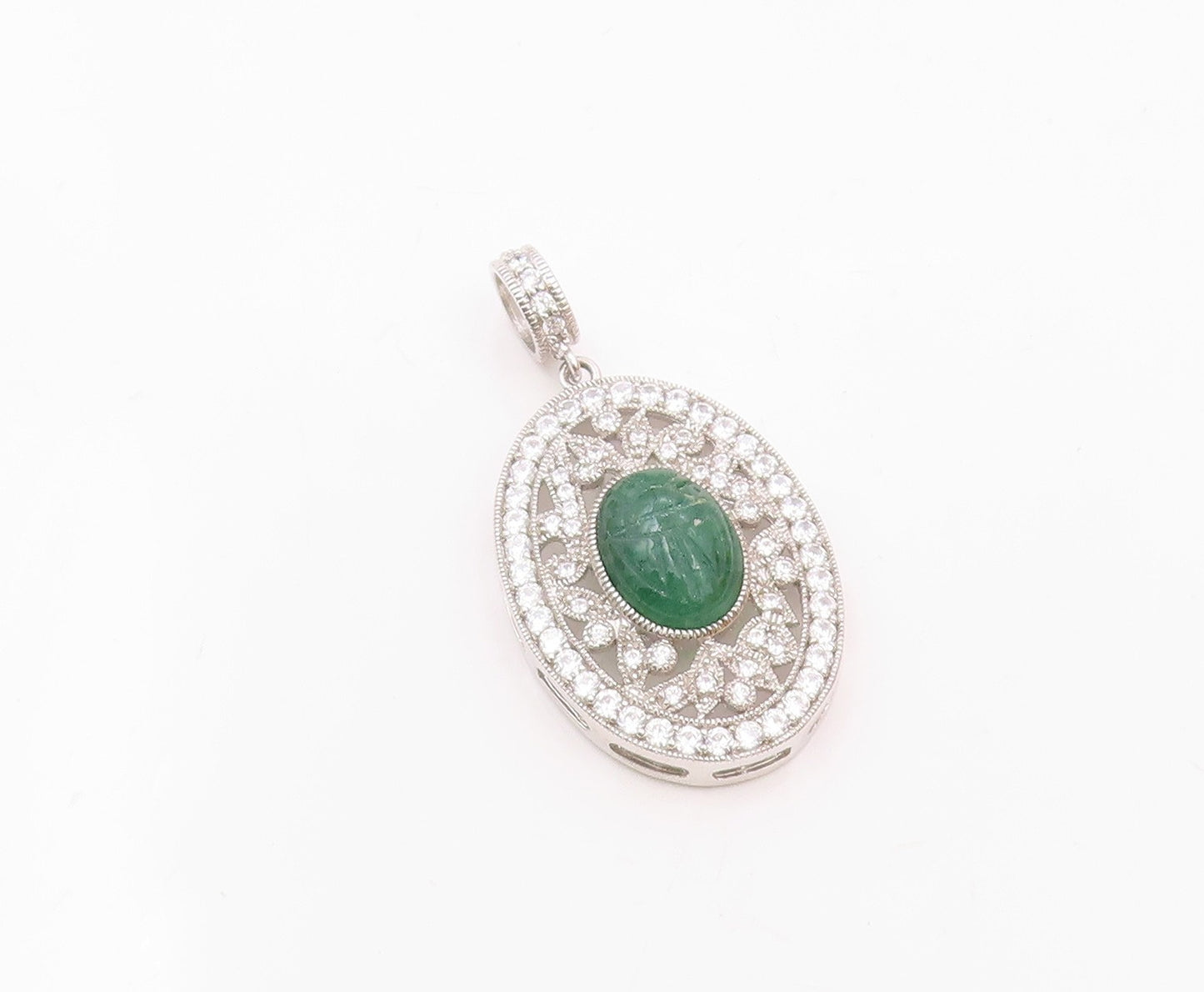 925 Sterling Silver  Vintage Carved Jade & Cubic Zirconia Pendant  PT20048