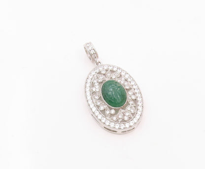 925 Sterling Silver  Vintage Carved Jade & Cubic Zirconia Pendant  PT20048