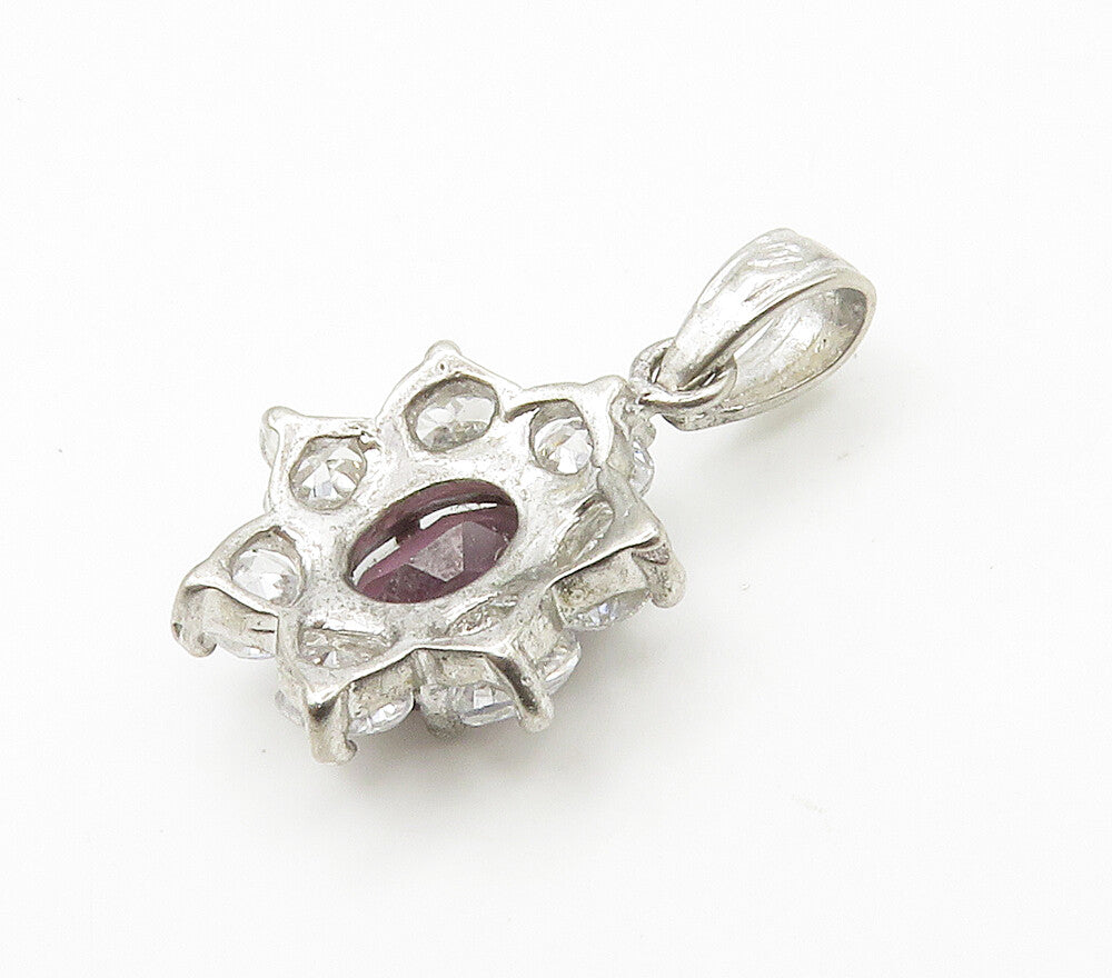 925 Sterling Silver  Vintage Amethyst & Cubic Zirconia Flower Pendant  PT11927
