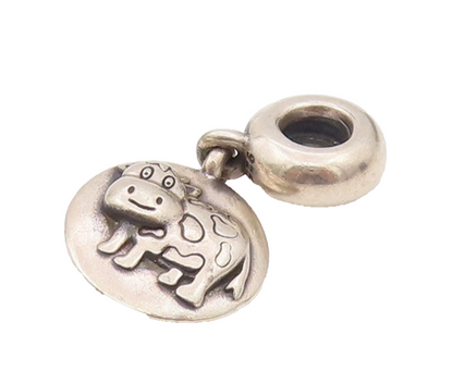 PANDORA 925 Sterling Silver  Vintage Mini Cow Carved Hanging Pendant  PT22124
