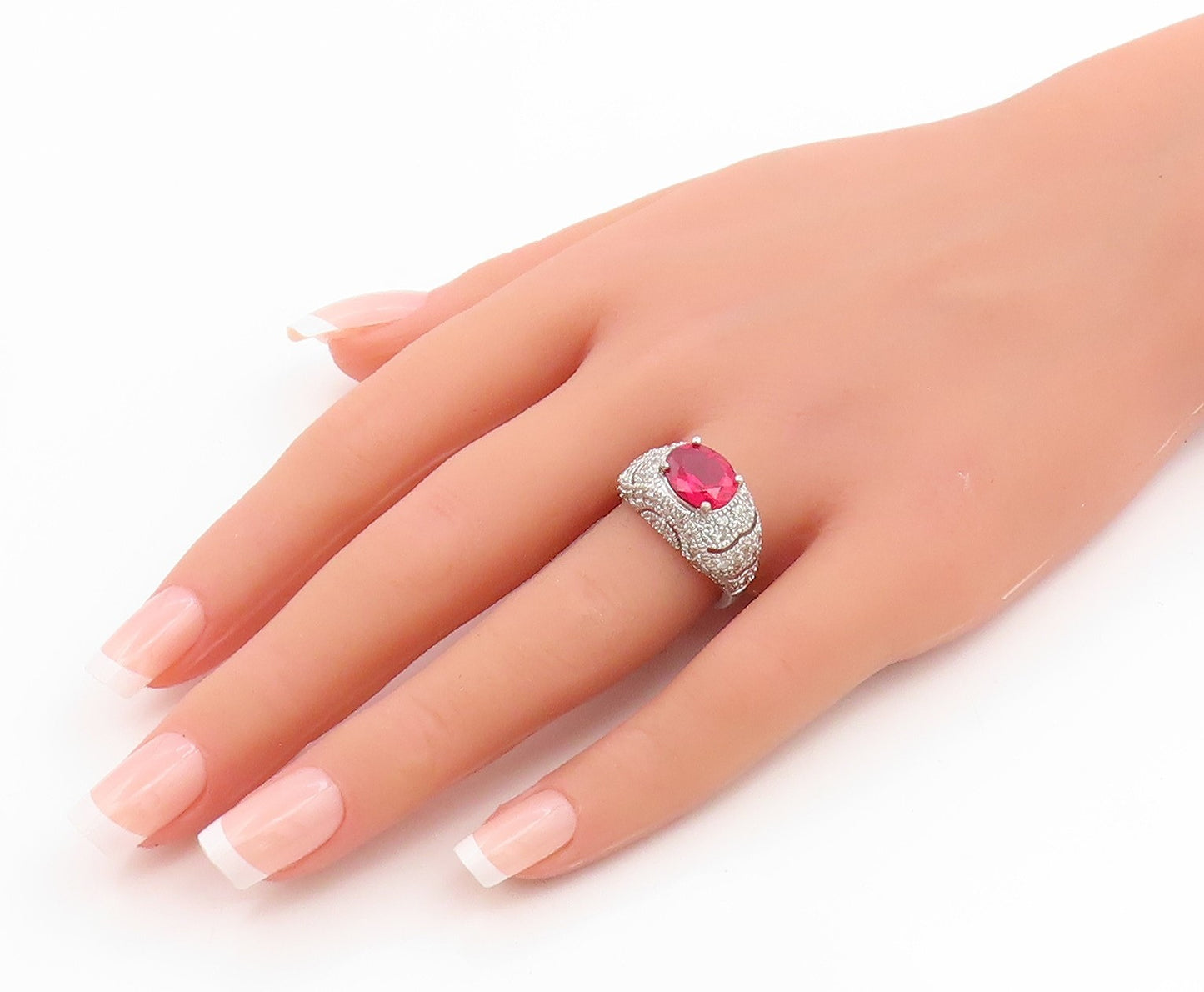 925 Sterling Silver Vintage Ring Oval Ruby & Topaz Statement Band  Sz 7  RG35866