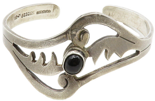 MEXICO 925 Silver  Vintage Black Onyx Cutout Design Cuff Bracelet  BT4819