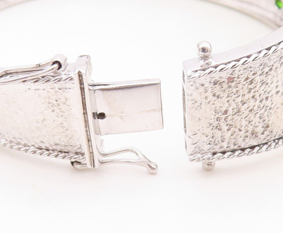 925 Sterling Silver Vintage Bracelet Solid Carved Rectangle Peridot  BT10721