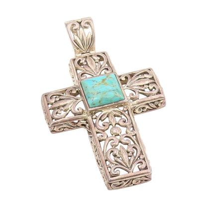 925 Sterling Silver Vintage Pendant Turquoise Large Open Floral Cross  PT25693
