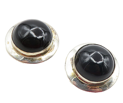 NAVAJO 925 Sterling Silver  Vintage Cabochon Black Onyx Drop Earrings  EG4777