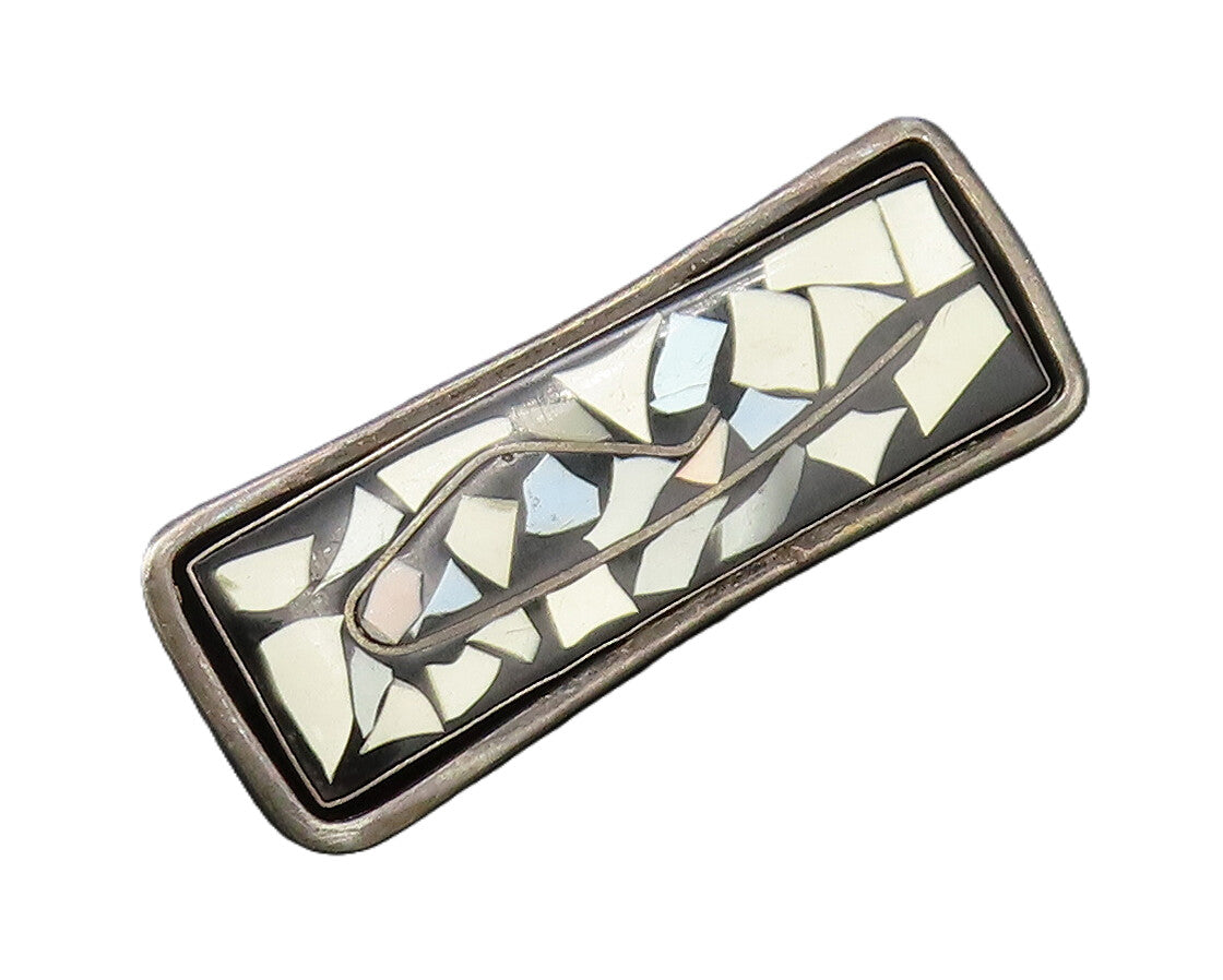 ISRAEL 925 Silver  Vintage Multi Mother Of Pearl & Onyx Brooch Pin  BP9808