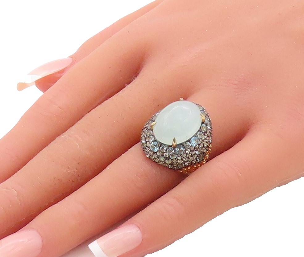 925 Sterling Silver Vintage Ring Gold Plated Gemstone & Blue CZ  Sz 7  RG30905